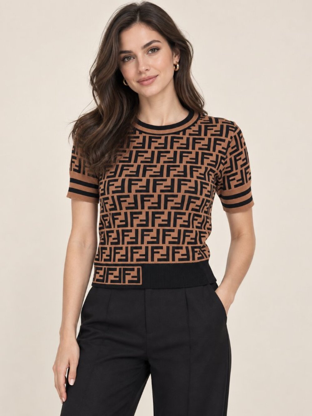 Women's Brown Black Geometric Monogram Knit Short Sleeve Sweater Top